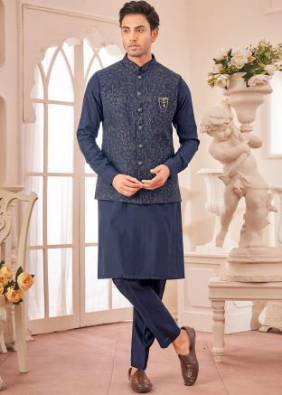 Navy Blue Kurta Pajama With Embellished Nehru Jacket