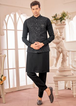 Black Men Kurta Pajama With Embellished Nehru Jacket
