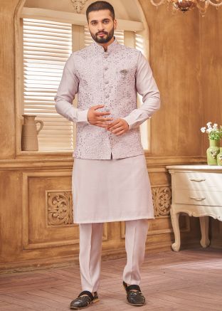 Pink Kurta Pajama With Embellished Nehru Jacket