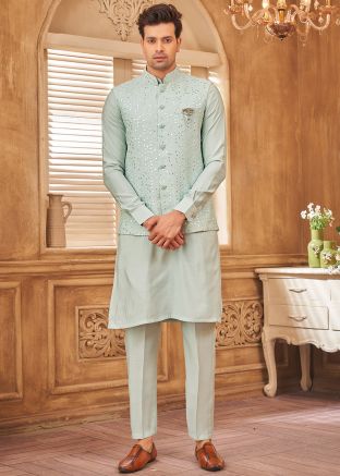 Green Kurta Pajama With Embroidered Nehru Jacket