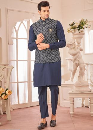 Navy Blue Kurta & Pant With Embroidered Nehru Jacket