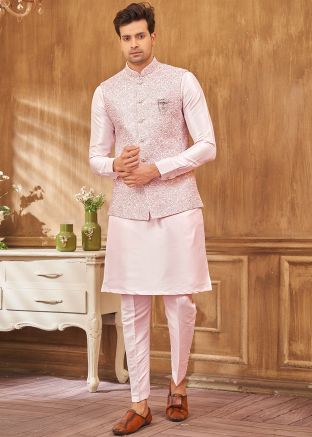 Pink Kurta & Pant With Embroidered Nehru Jacket