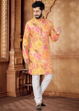 Yellow Floral Print Men Kurta With Pant