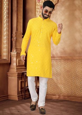 Yellow Sequins Embroidered Kurta Set