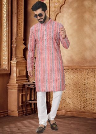 Pink Printed Kurta With Pant In Cotton