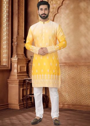 Yellow Embroidered Kurta With Pant In Cotton