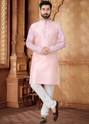 Pink Embroidered Kurta Set In Silk