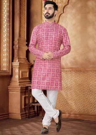Pink Embroidered Kurta With Pant In Cotton