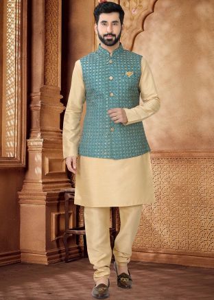 Golden Kurta Set With Embroidered Nehru Jacket