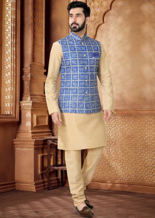 Golden Kurta Set With Embroidered Nehru Jacket