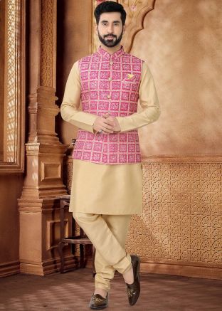 Golden Kurta Set With Nehru Jacket In Silk