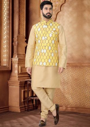 Golden Kurta Set With Printed Nehru Jacket