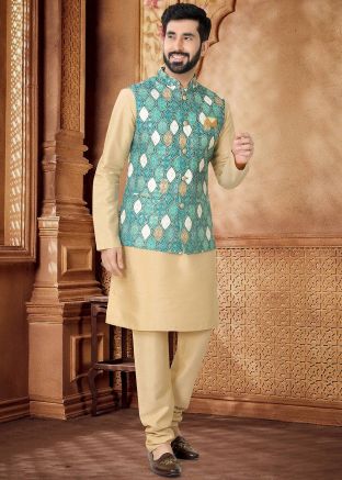 Golden Kurta Set With Printed Nehru Jacket