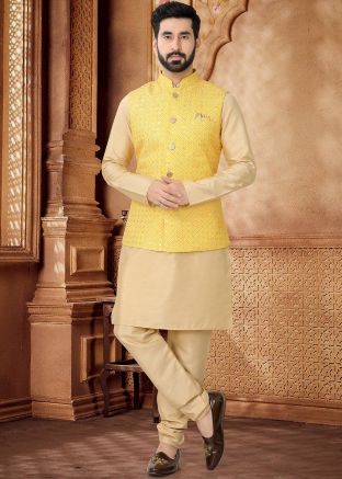 Golden Kurta Set With Printed Nehru Jacket