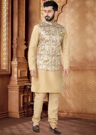 Golden Kurta Set With Nehru Jacket In Silk