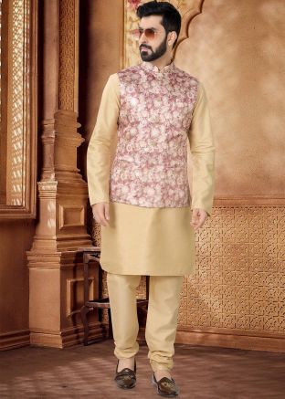 Golden Kurta Set With Floral Print Nehru Jacket