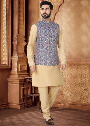 Golden Kurta Set With Embroidered Nehru Jacket