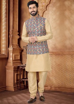 Golden Kurta Set With Embroidered Nehru Jacket