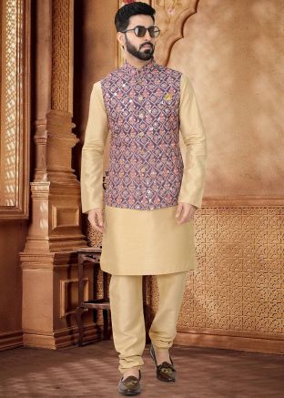 Golden Kurta Set With Nehru Jacket In Silk