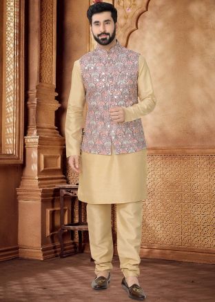 Golden Kurta Set With Nehru Jacket In Silk
