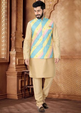 Golden Kurta Set With Embroidered Nehru Jacket
