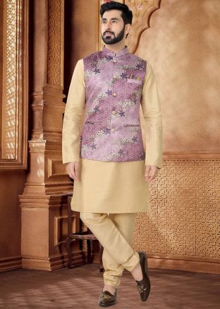 Golden Kurta Set With Woven Nehru Jacket