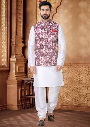 White Kurta Set With Foil Print Nehru Jacket