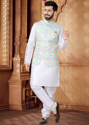 White Kurta Set With Printed Nehru Jacket