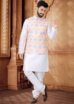 White Kurta Set With Printed Nehru Jacket In Silk