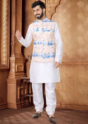 White Kurta Set With Printed Nehru Jacket In Silk