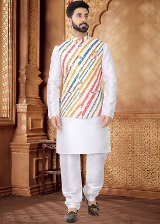White Kurta Set With Floral Print Nehru Jacket