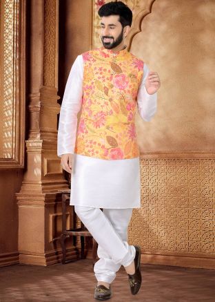 White Kurta Set With Foil Print Nehru Jacket