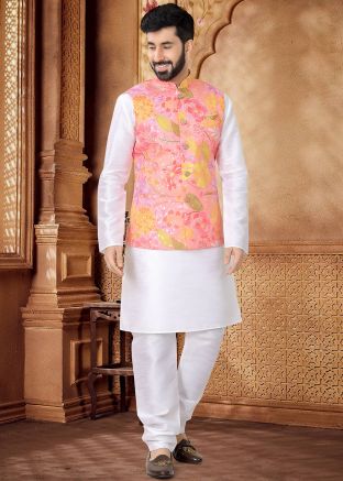 White Kurta Set With Floral Print Nehru Jacket