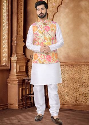 White Kurta Set With Foil Print Nehru Jacket In Silk