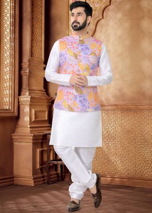 White Kurta Set With Floral Print Nehru Jacket