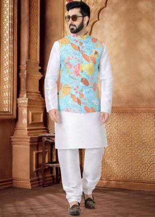 White Kurta Set With Floral Print Nehru Jacket