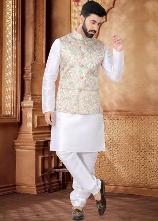 White Kurta Set With Printed Nehru Jacket