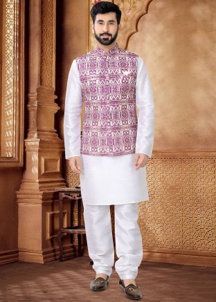 White Kurta Set With Embroidered Nehru Jacket