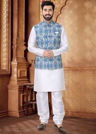 White Kurta Set With Embroidered Nehru Jacket