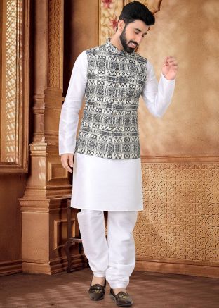 White Kurta Set With Embroidered Nehru Jacket