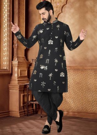 Black Embroidered Kurta With Dhoti