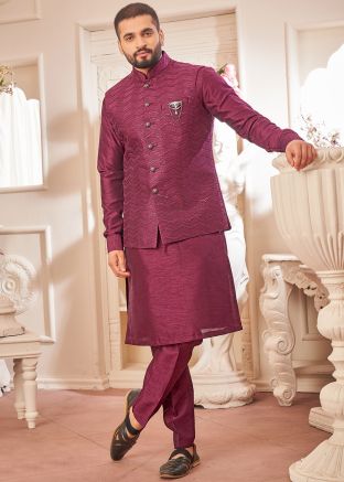 Wine Kurta Pant With Embroidered Nehru Jacket