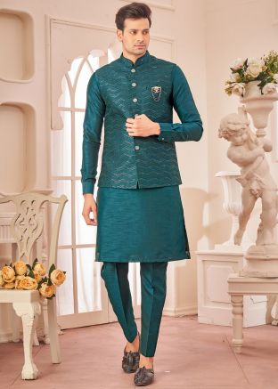 Teal Green Kurta Pant With Embroidered Nehru Jacket