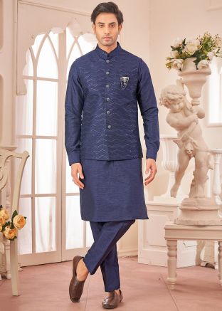 Navy Blue Kurta Pant With Embroidered Nehru Jacket