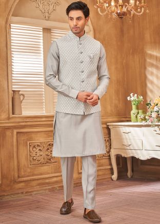 Grey Kurta Pant With Embroidered Nehru Jacket