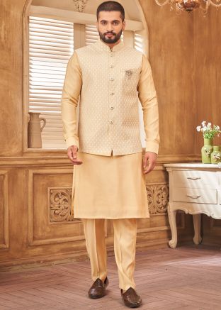 Golden Men Kurta Pant With Embroidered Nehru Jacket