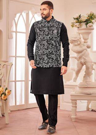 Black Kurta Pant With Embroidered Nehru Jacket