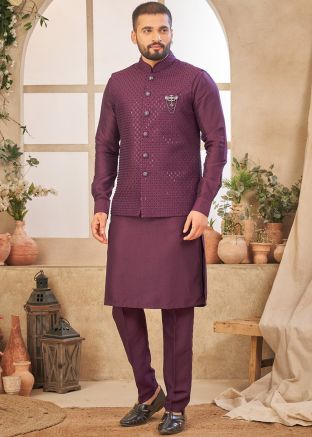 Wine Kurta Pant With Embroidered Nehru Jacket