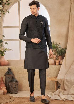 Kurta Pant With Embroidered Nehru Jacket In Black