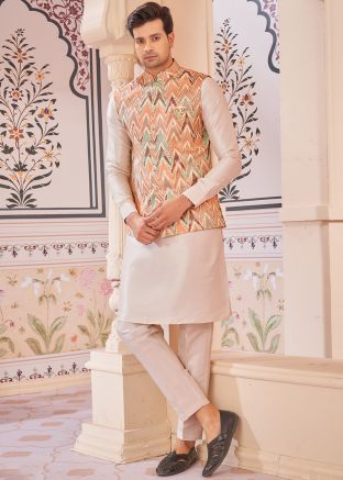 Men Cream Kurta Pant With Woven Nehru Jacket